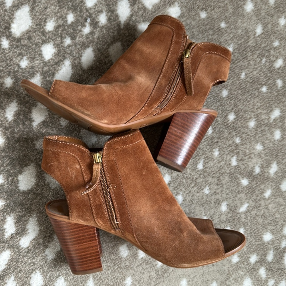 Cognac Suede Block Heel Open Toe Bootie Sandals - image 6